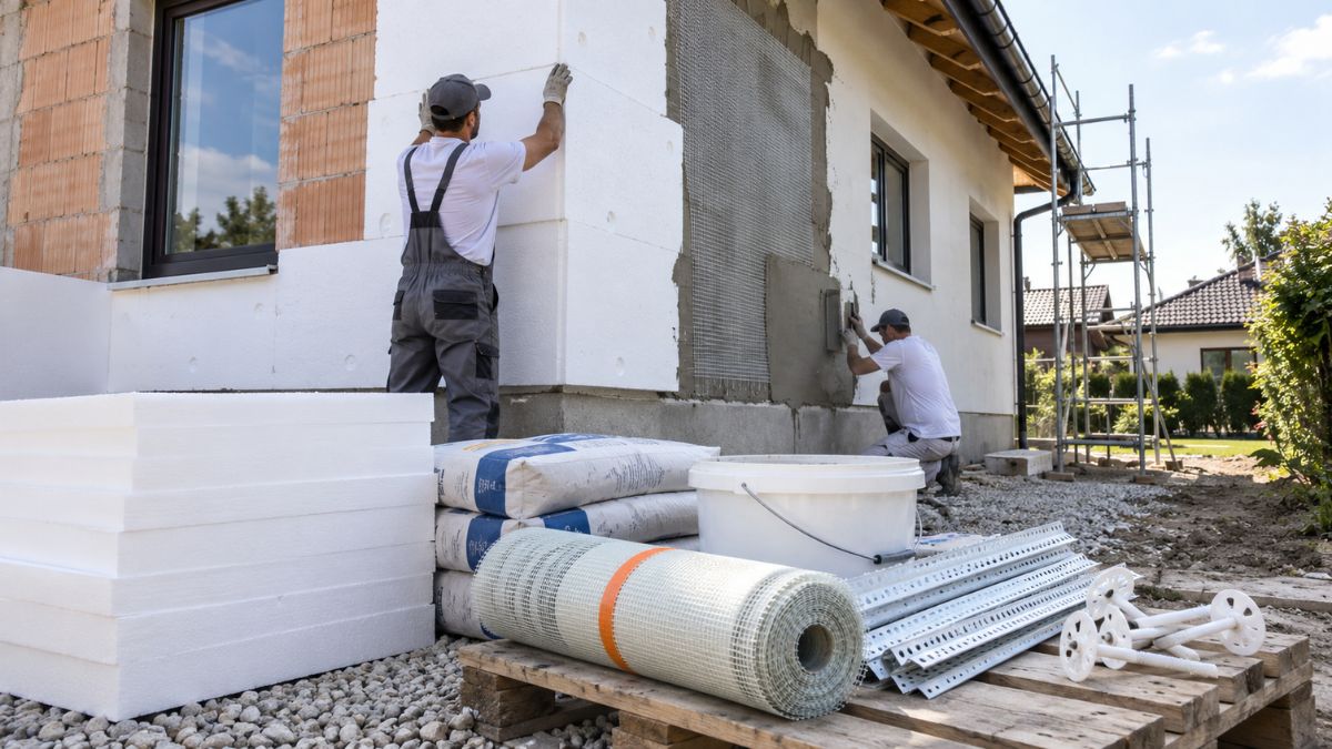 Homlokzati hőszigetelés készítése EPS lapokkal, hálóval és ragasztóval családi házon