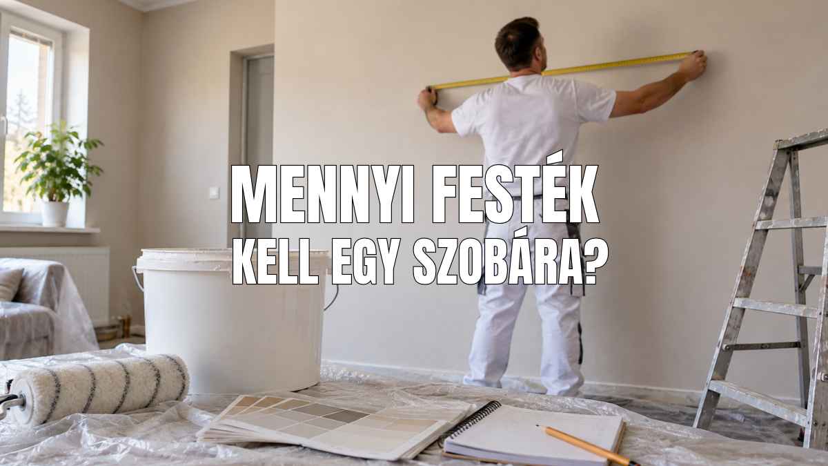 Festő mérőszalaggal méri a szoba falát festés előtt, az előtérben festékesvödörrel és festőhengerrel.