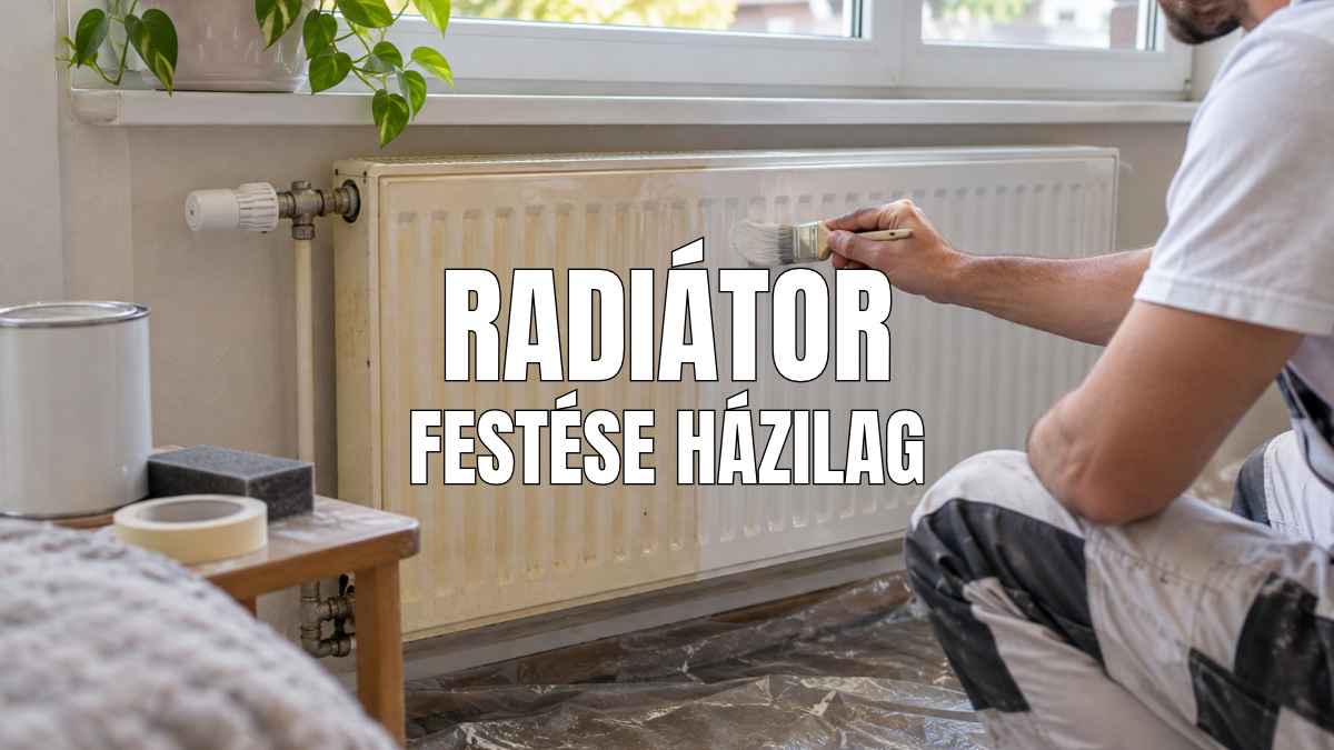 Szakember fehér radiátort fest ecsettel egy lakásban, a radiátor egyik oldalán még látható a régi, megsárgult festék.